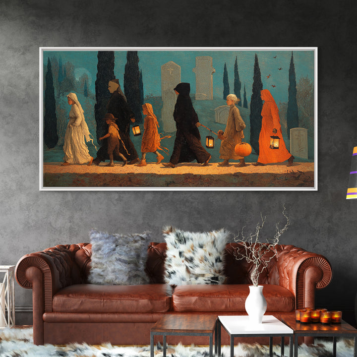 The Trick-Or-Treat Procession, Symbolist Gothic Landscape, Wide Panoramic Art, Gothic Horror Wall Art, Framed Canvas Print