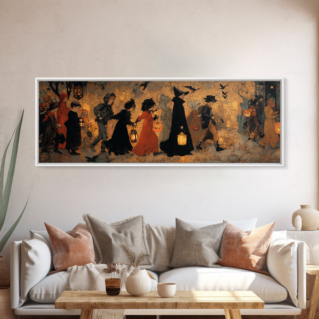 The Trick-Or-Treat Procession, Ornate Symbolist Art, Extra Wide Wall Art, Dark Halloween Decor, Canvas Print, Halloween Wall Art