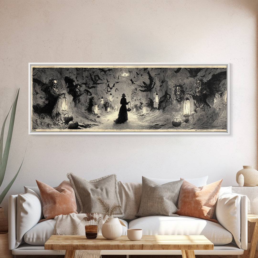 The Trick-Or-Treat Procession, Decadent Gothic Art, Extra Wide Wall Art, Macabre Wall Art, Framed Canvas Print, Halloween Wall Art