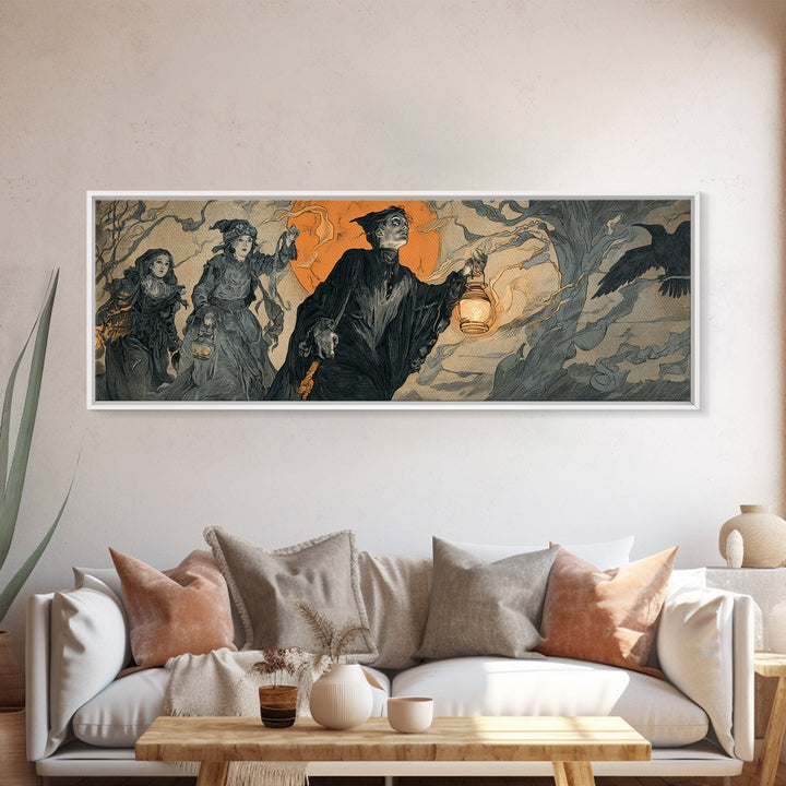 The Trick-Or-Treat Procession, Symbolist Etching Art, Extra Wide Wall Art, Gothic Horror Wall Art, Canvas Print, Halloween Wall Art