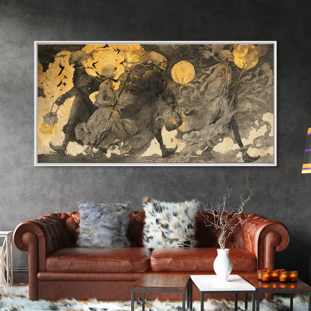 The Trick-Or-Treat Procession, Expressionist Nightmare Art, Wide Panoramic Art, Dark Fantasy Wall Art, Canvas Print, Halloween Wall Art