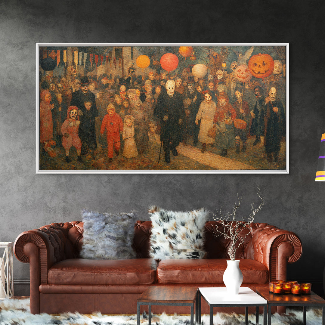 The Trick-Or-Treat Procession, Grotesque Carnival Art, Wide Panoramic Art, Gothic Horror Wall Art, Canvas Print, Halloween Wall Art