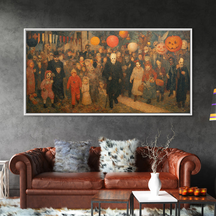 The Trick-Or-Treat Procession, Grotesque Carnival Art, Wide Panoramic Art, Gothic Horror Wall Art, Canvas Print, Halloween Wall Art
