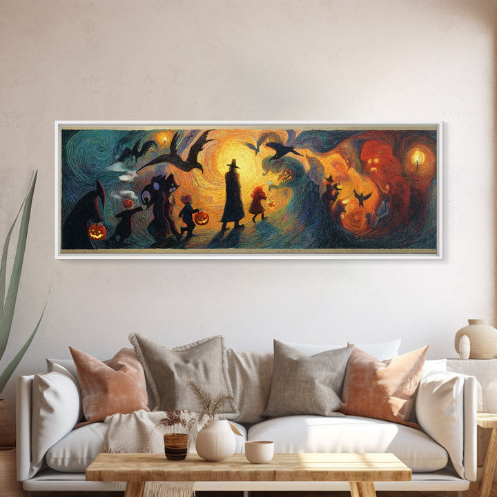The Trick-Or-Treat Procession, Expressionist Gothic Art, Extra Wide Wall Art, Macabre Wall Art, Framed Canvas Print, Halloween Wall Art