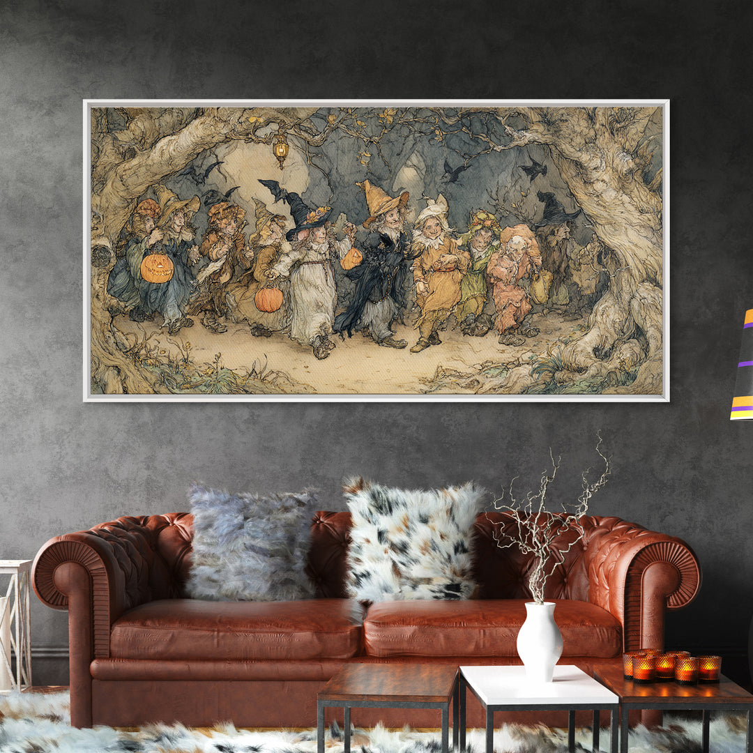The Trick-Or-Treat Procession, Gothic Storybook Art, Wide Panoramic Art, Macabre Wall Art, Framed Canvas Print, Halloween Wall Art