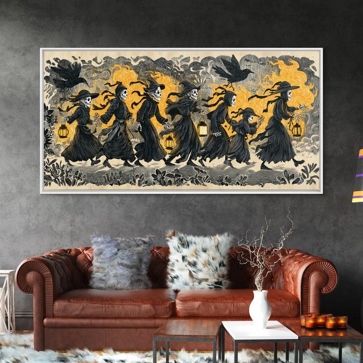 The Trick-Or-Treat Procession, Macabre Folk Print Art, Wide Panoramic Art, Dark Halloween Decor, Canvas Print