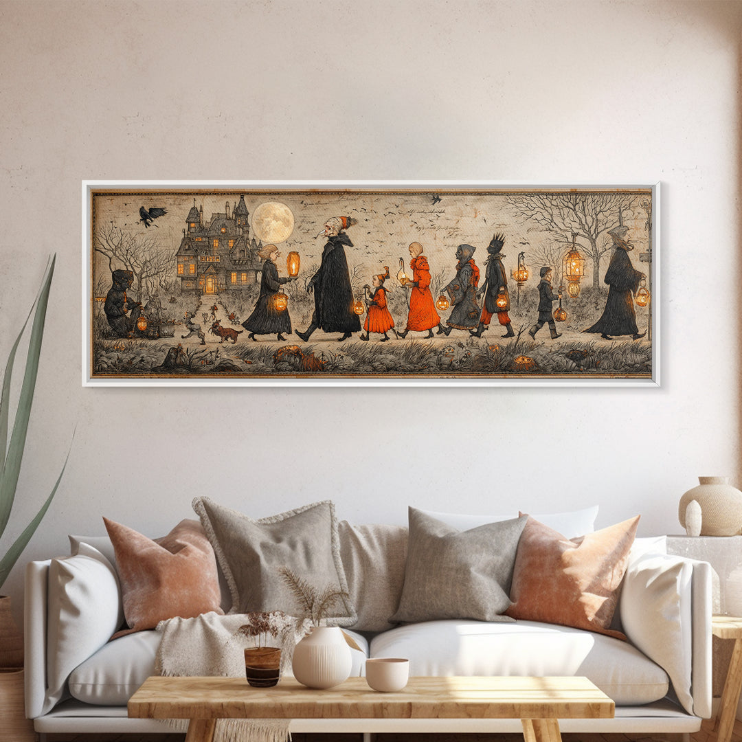 The Trick-Or-Treat Procession, Victorian Macabre Art, Extra Wide Wall Art, Dark Halloween Decor, Canvas Print, Halloween Wall Art