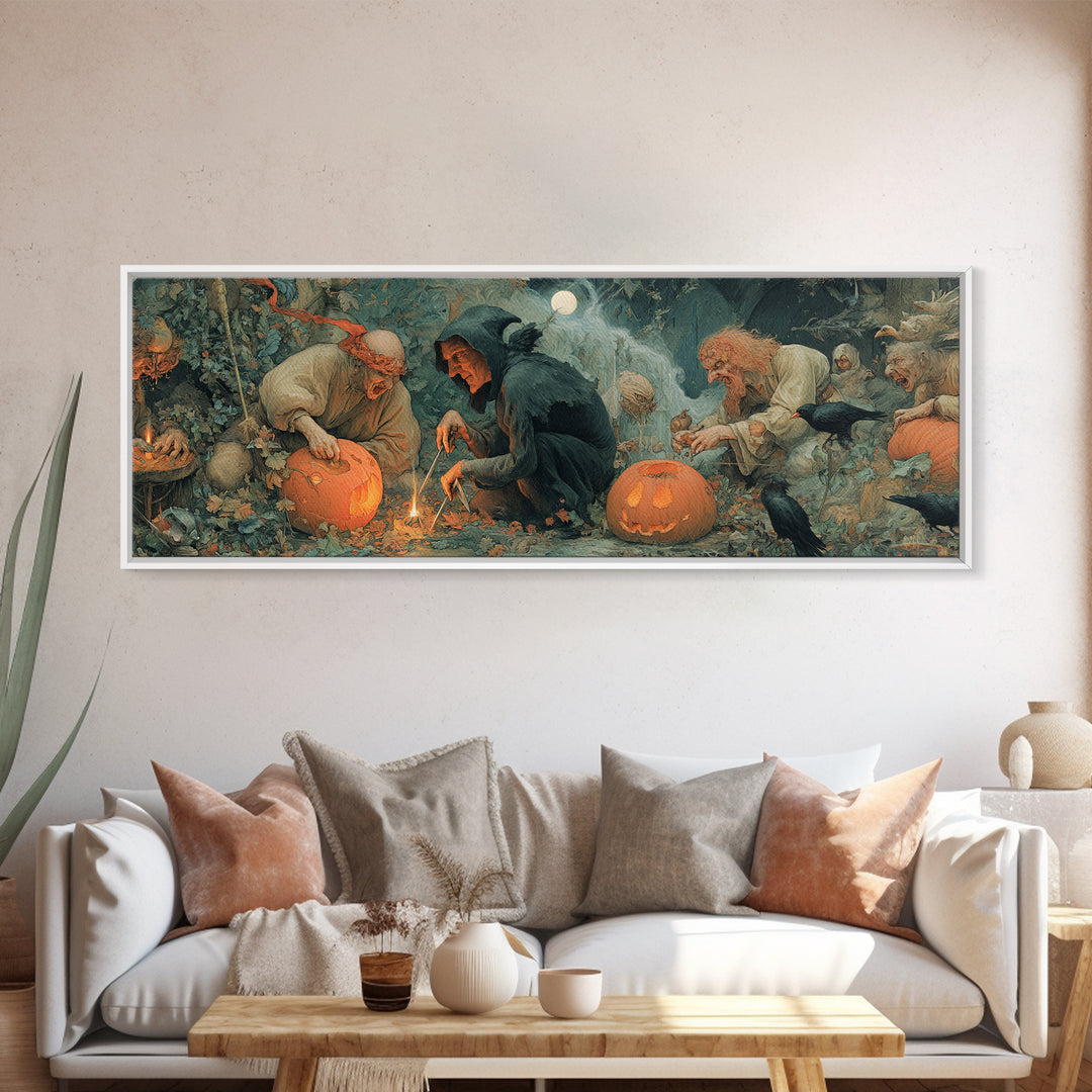The Pumpkin-Carving Ritual, Medieval Grotesque Art, Extra Wide Wall Art, Gothic Horror Wall Art, Framed Canvas Print