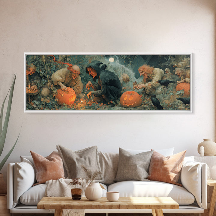 The Pumpkin-Carving Ritual, Medieval Grotesque Art, Extra Wide Wall Art, Gothic Horror Wall Art, Framed Canvas Print