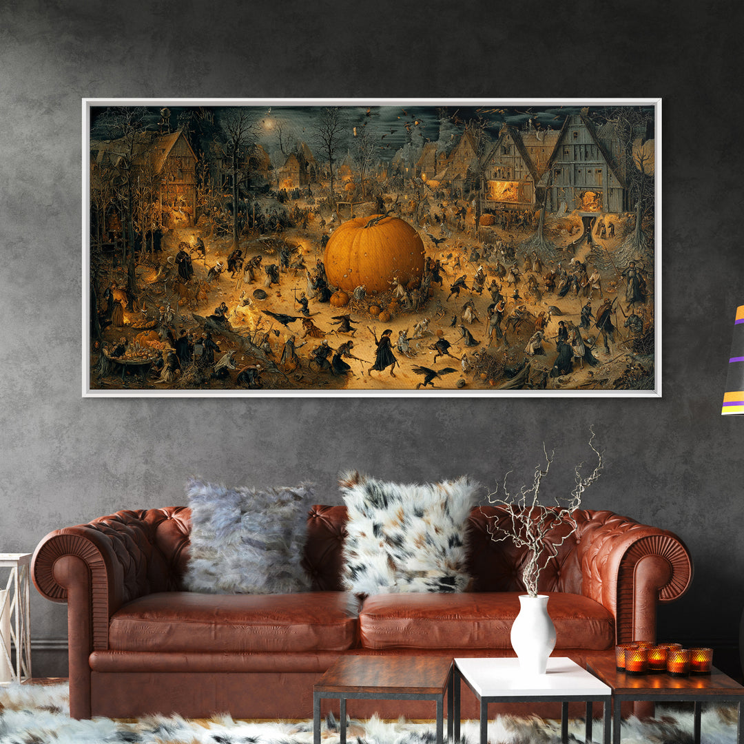 The Pumpkin-Carving Ritual, Northern Renaissance Horror, Wide Panoramic Art, Gothic Horror Wall Art, Framed Canvas Print