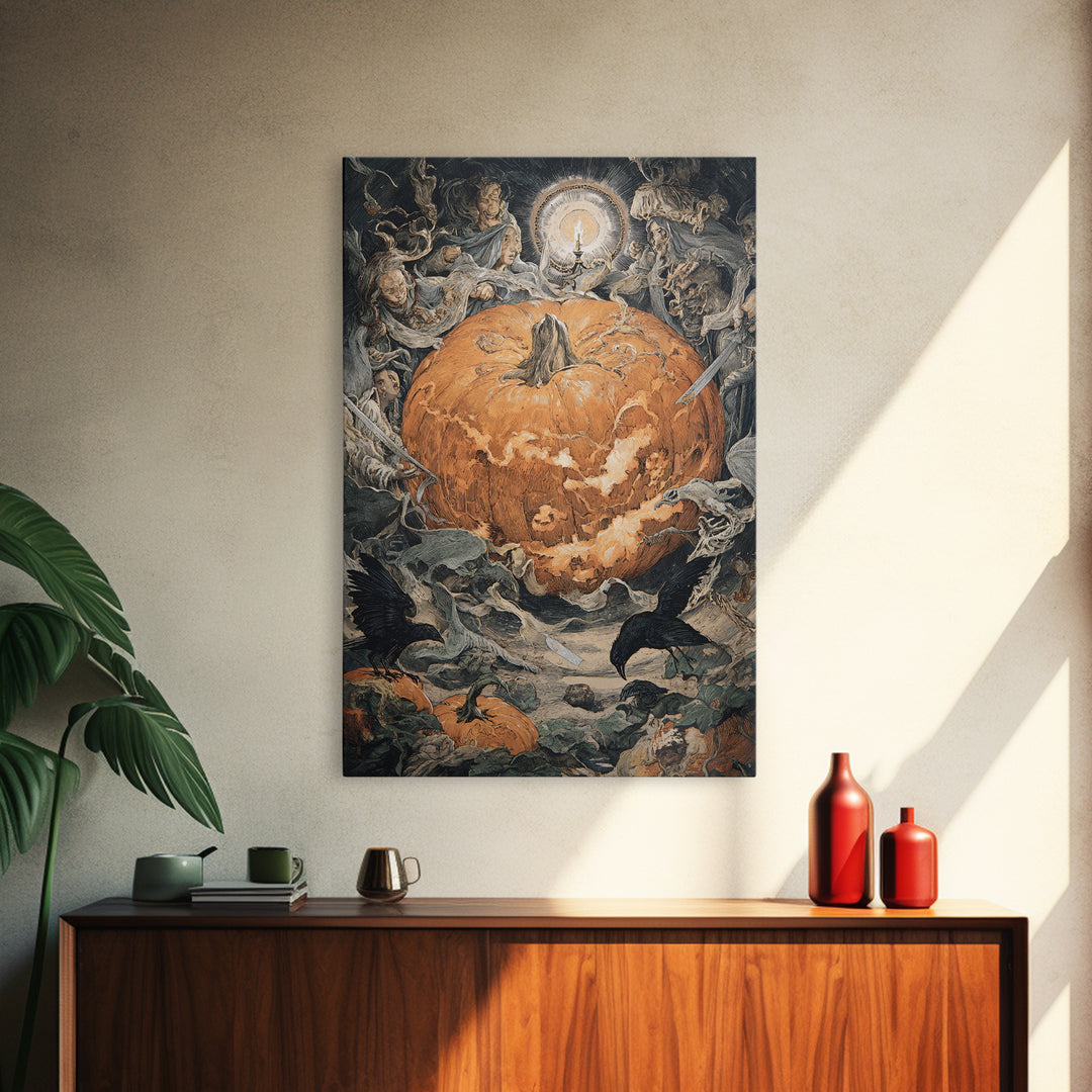 The Pumpkin-Carving Ritual, Dark Renaissance Art, Vertical Wall Art, Macabre Wall Art, Framed Canvas Print, Halloween Wall Art