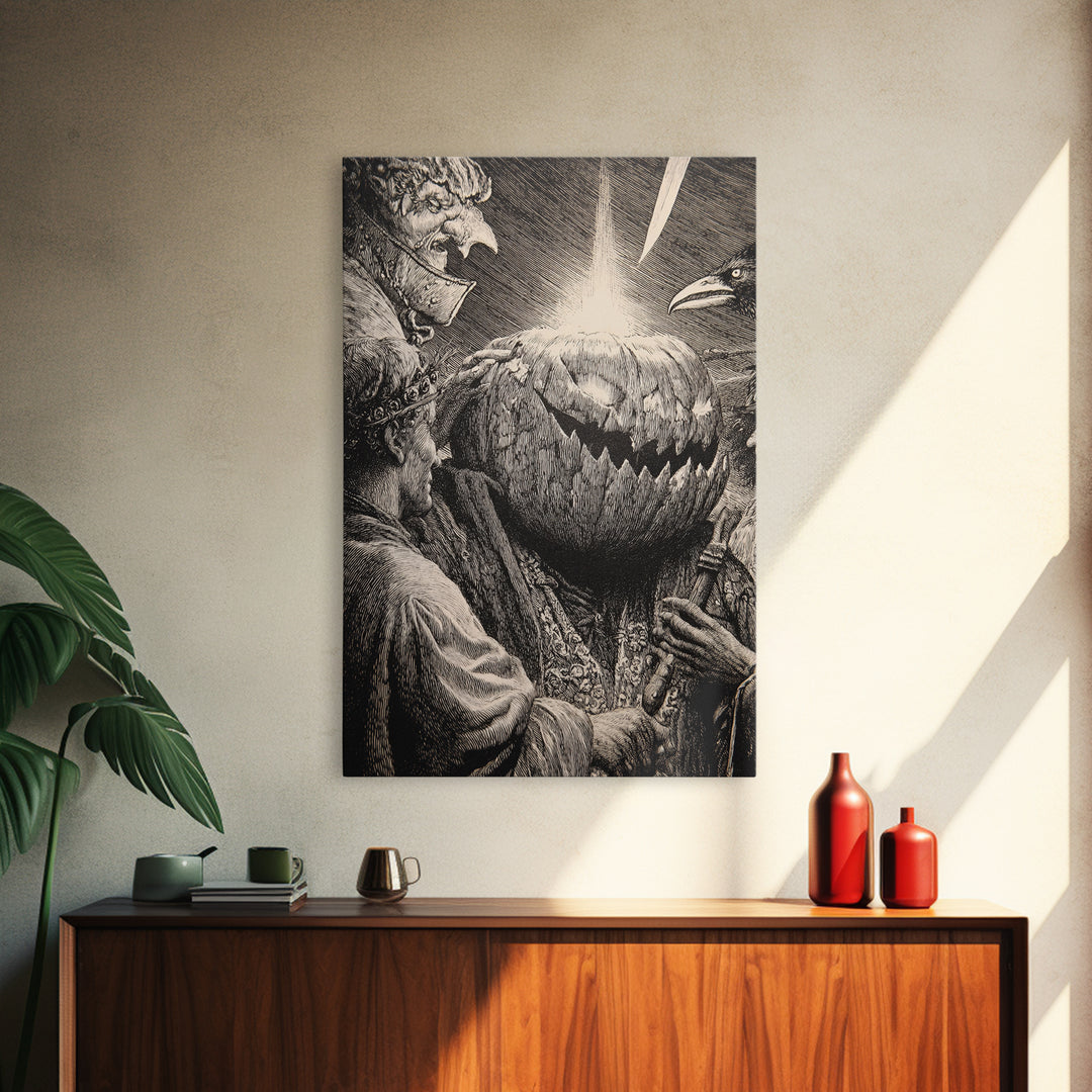 The Pumpkin-Carving Ritual, Renaissance Engraving Art, Vertical Wall Art, Dark Fantasy Wall Art, Framed Canvas Print, Halloween Wall Art