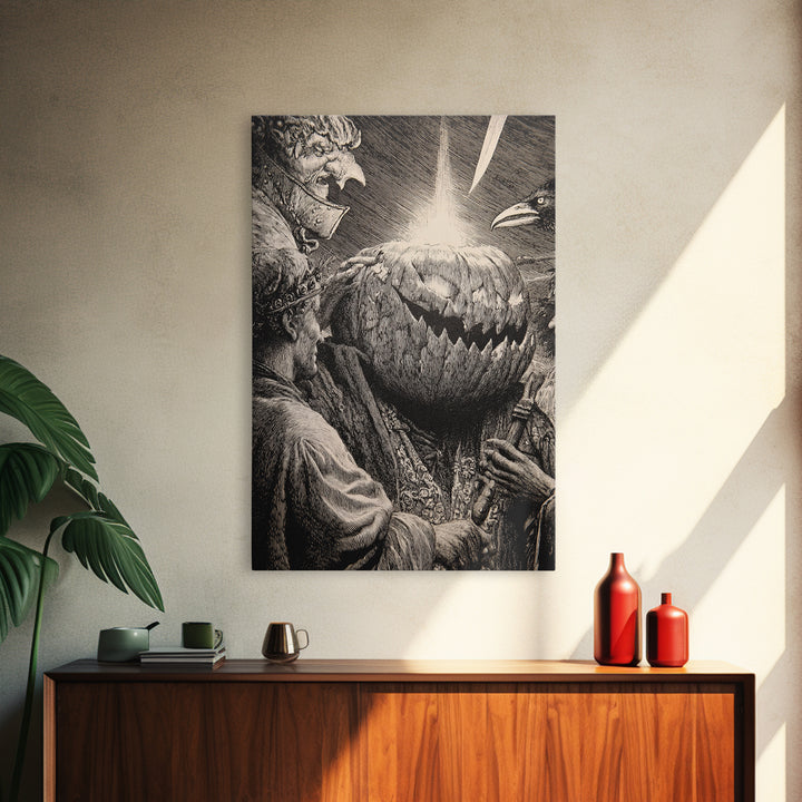 The Pumpkin-Carving Ritual, Renaissance Engraving Art, Vertical Wall Art, Dark Fantasy Wall Art, Framed Canvas Print, Halloween Wall Art
