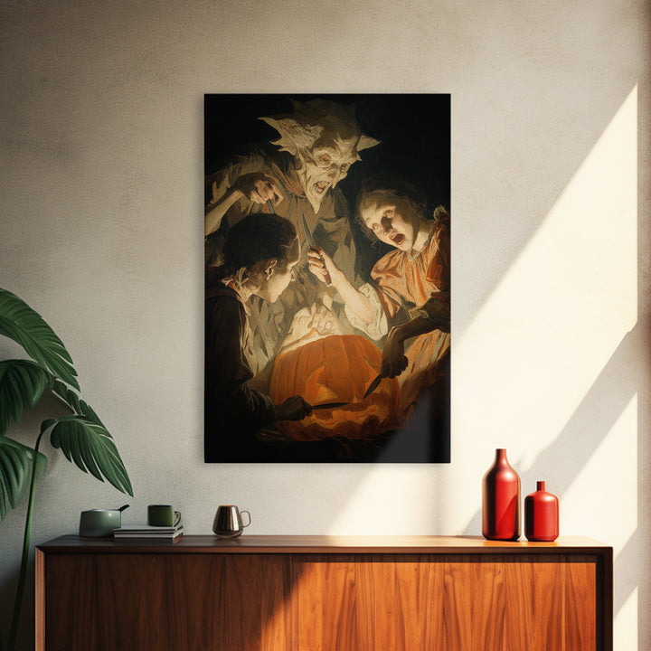 The Pumpkin-Carving Ritual, Gothic Nightmare Art, Vertical Wall Art, Macabre Wall Art, Canvas Print, Halloween Wall Art