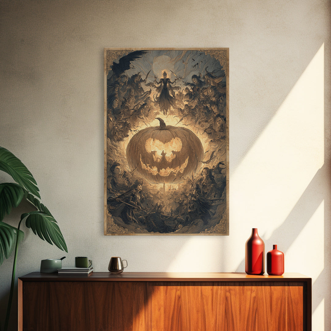 The Pumpkin-Carving Ritual, Visionary Gothic Art, Vertical Wall Art, Macabre Wall Art, Framed Canvas Print, Halloween Wall Art