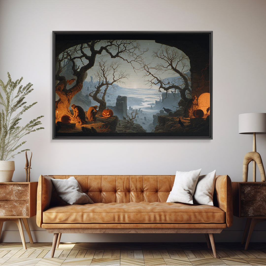 The Pumpkin-Carving Ritual, Romantic Gothic Landscape, Landscape Wall Art, Gothic Horror Wall Art, Framed Canvas Print