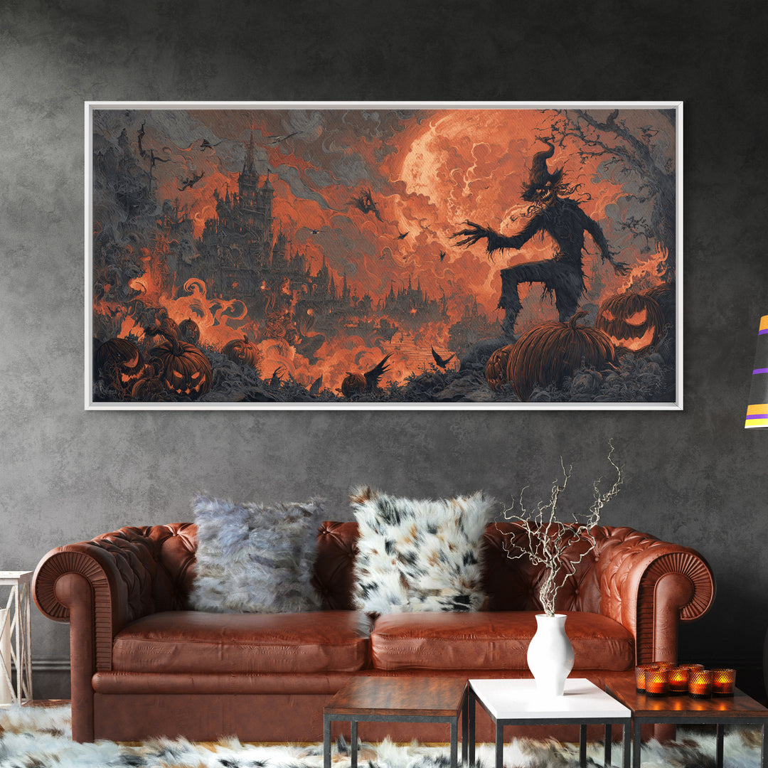The Pumpkin-Carving Ritual, Apocalyptic Romantic Art, Wide Panoramic Art, Dark Halloween Decor, Canvas Print, Halloween Wall Art