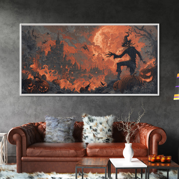 The Pumpkin-Carving Ritual, Apocalyptic Romantic Art, Wide Panoramic Art, Dark Halloween Decor, Canvas Print, Halloween Wall Art