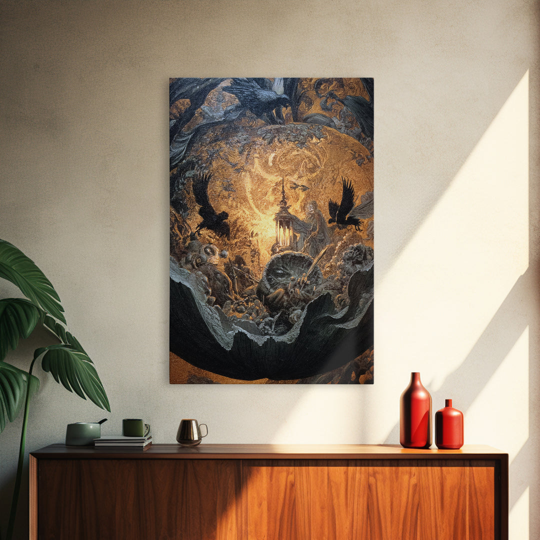 The Pumpkin-Carving Ritual, Ornate Symbolist Art, Vertical Wall Art, Dark Halloween Decor, Canvas Print, Halloween Wall Art