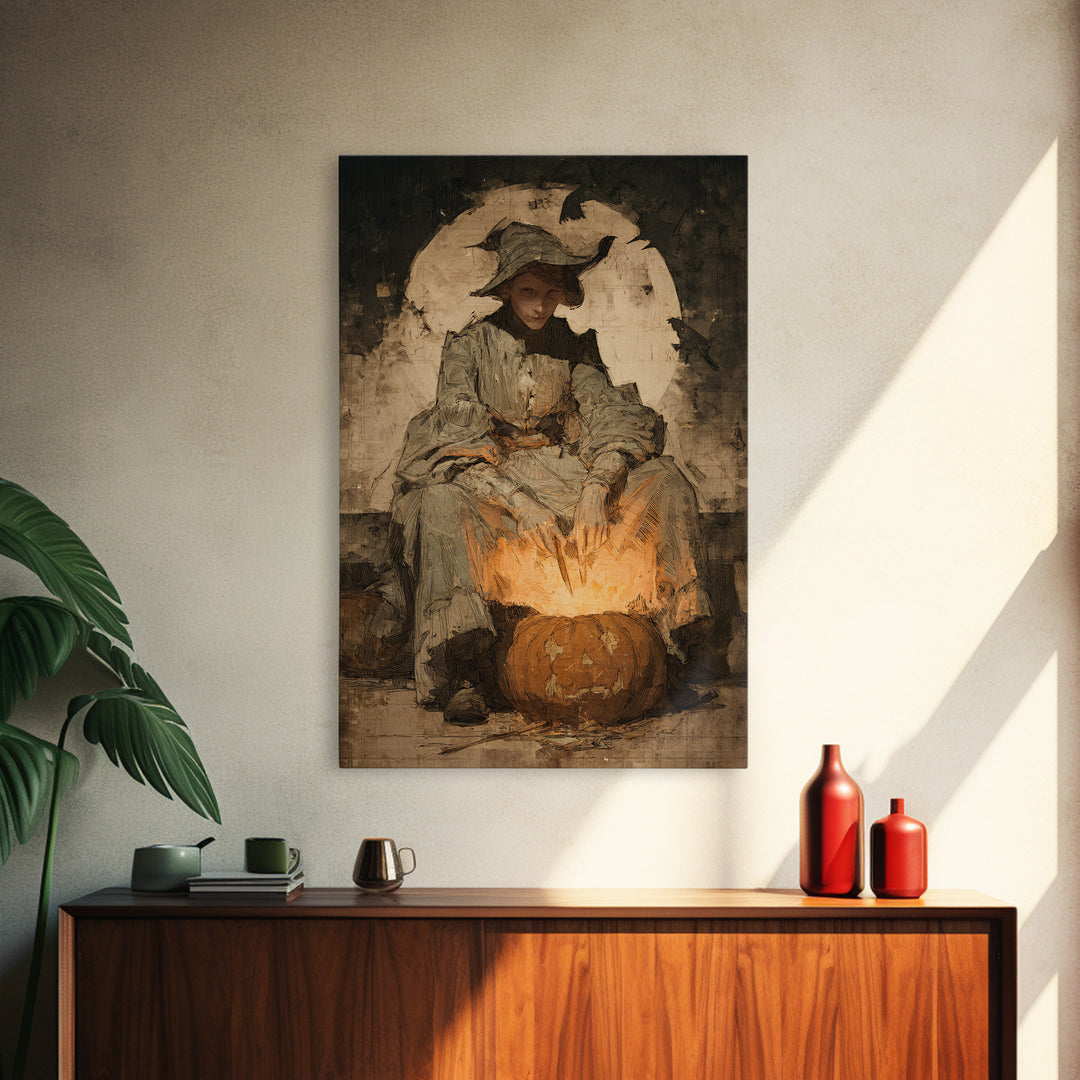 The Pumpkin-Carving Ritual, Decadent Gothic Art, Vertical Wall Art, Macabre Wall Art, Canvas Print, Halloween Wall Art