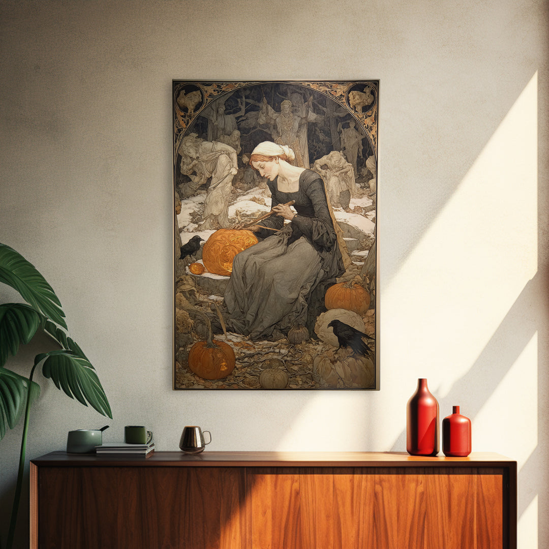 The Pumpkin-Carving Ritual, Symbolist Death Art, Vertical Wall Art, Gothic Horror Wall Art, Framed Canvas Print, Halloween Wall Art