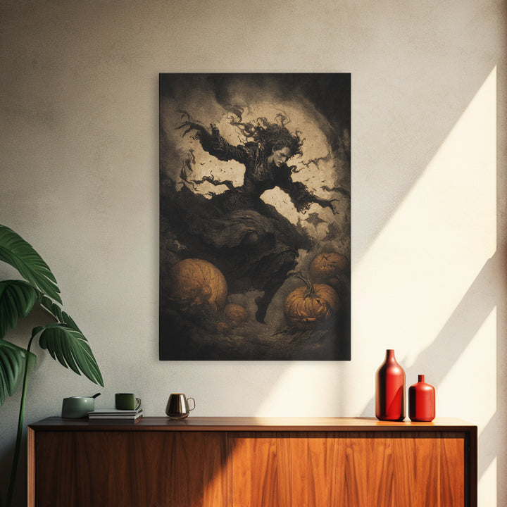 The Pumpkin-Carving Ritual, Dark Symbolist Art, Vertical Wall Art, Gothic Horror Wall Art, Framed Canvas Print, Halloween Wall Art