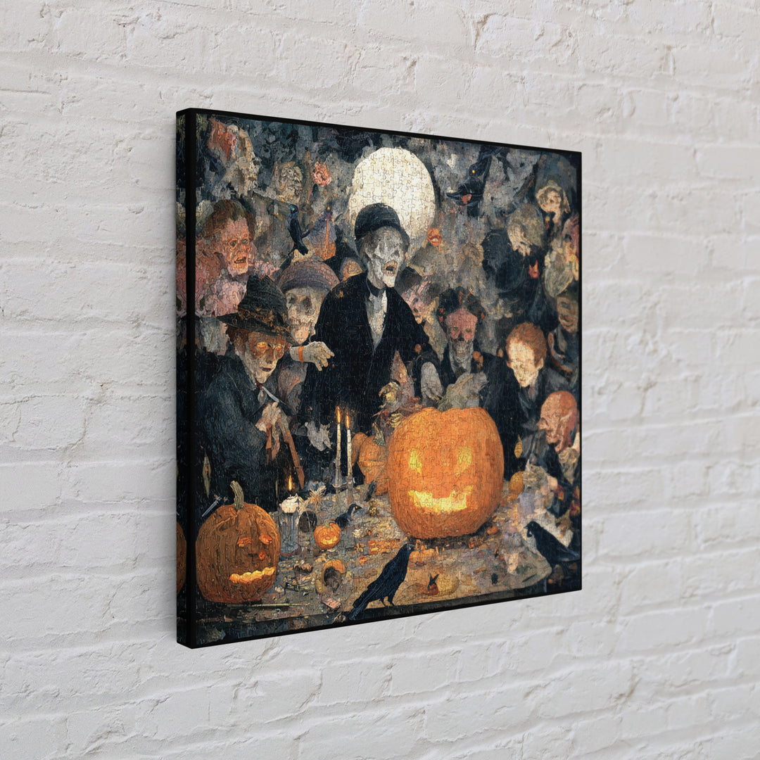 The Pumpkin-Carving Ritual, Grotesque Carnival Art, Square Wall Art, Dark Halloween Decor, Framed Canvas Print, Halloween Wall Art