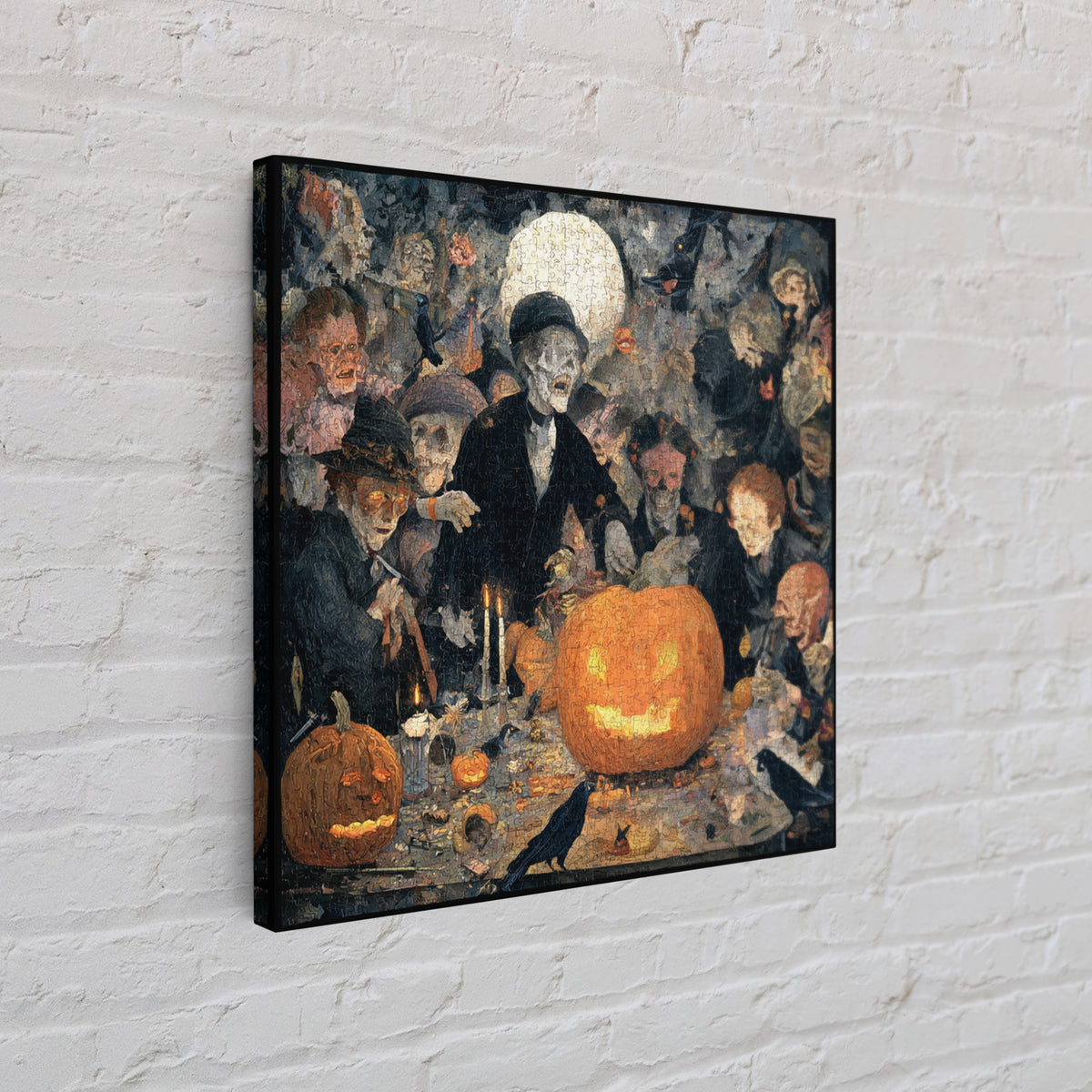 The Pumpkin-Carving Ritual, Grotesque Carnival Art, Square Wall Art, Dark Halloween Decor, Framed Canvas Print, Halloween Wall Art