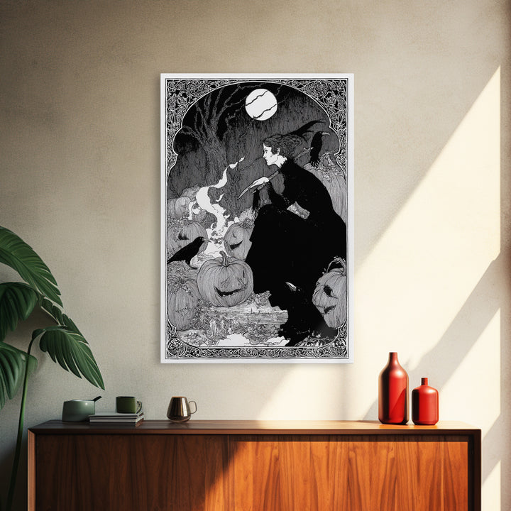 The Pumpkin-Carving Ritual, Decadent Line Art, Vertical Wall Art, Gothic Horror Wall Art, Canvas Print, Halloween Wall Art