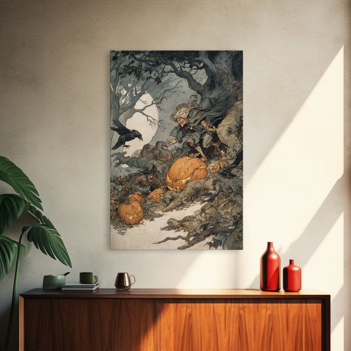 The Pumpkin-Carving Ritual, Gothic Storybook Art, Vertical Wall Art, Macabre Wall Art, Framed Canvas Print, Halloween Wall Art
