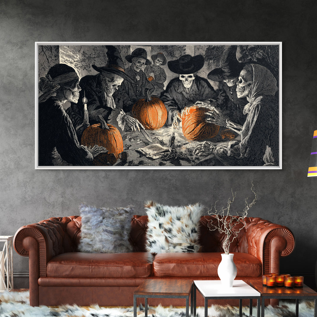 The Pumpkin-Carving Ritual, Macabre Folk Print Art, Wide Panoramic Art, Dark Halloween Decor, Canvas Print, Halloween Wall Art