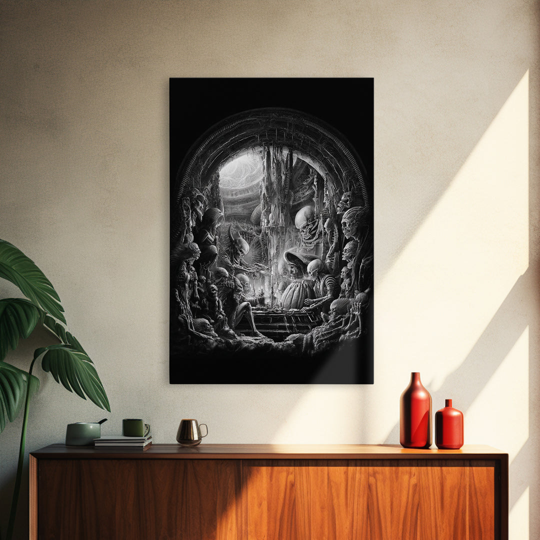 The Pumpkin-Carving Ritual, Biomechanical Horror Art, Vertical Wall Art, Dark Halloween Decor, Canvas Print, Halloween Wall Art