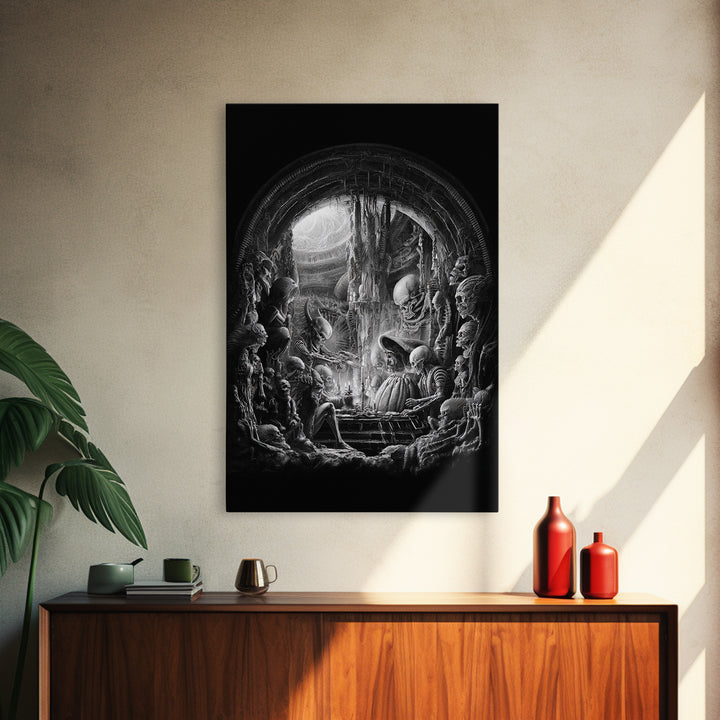 The Pumpkin-Carving Ritual, Biomechanical Horror Art, Vertical Wall Art, Dark Halloween Decor, Canvas Print, Halloween Wall Art