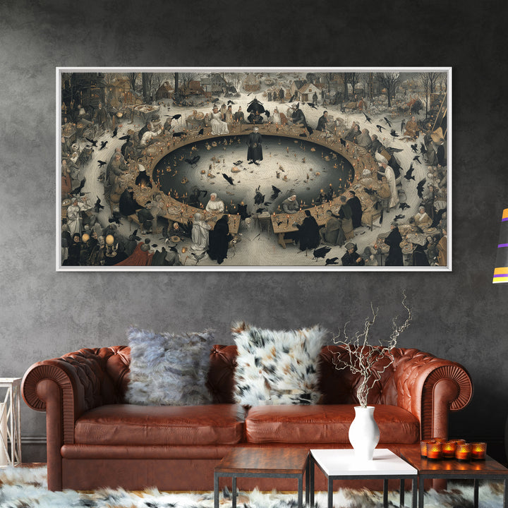 The Candlelit Seance, Northern Renaissance Horror, Wide Panoramic Art, Dark Halloween Decor, Canvas Print, Halloween Wall Art
