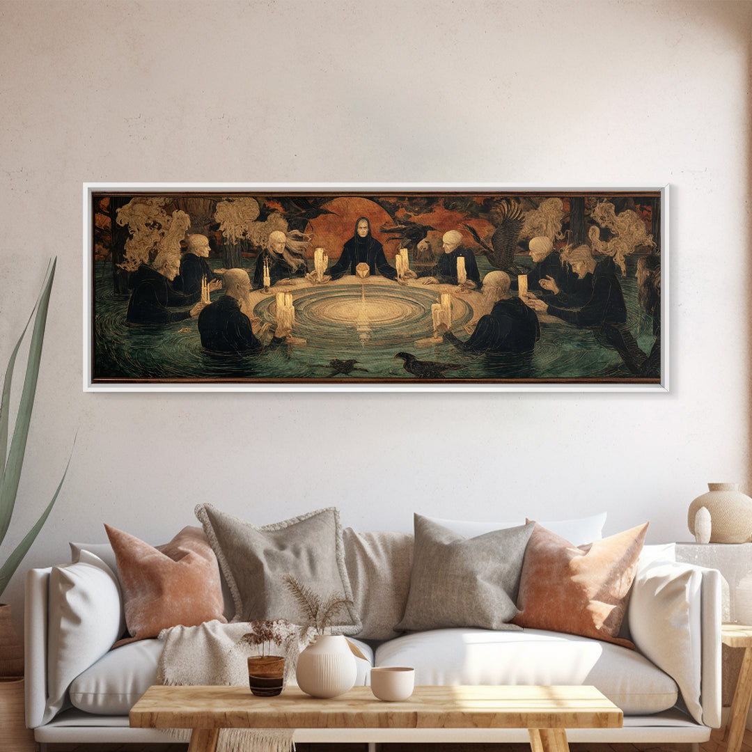 The Candlelit Seance, Symbolist Gothic Landscape, Extra Wide Wall Art, Dark Halloween Decor, Framed Canvas Print, Halloween Wall Art