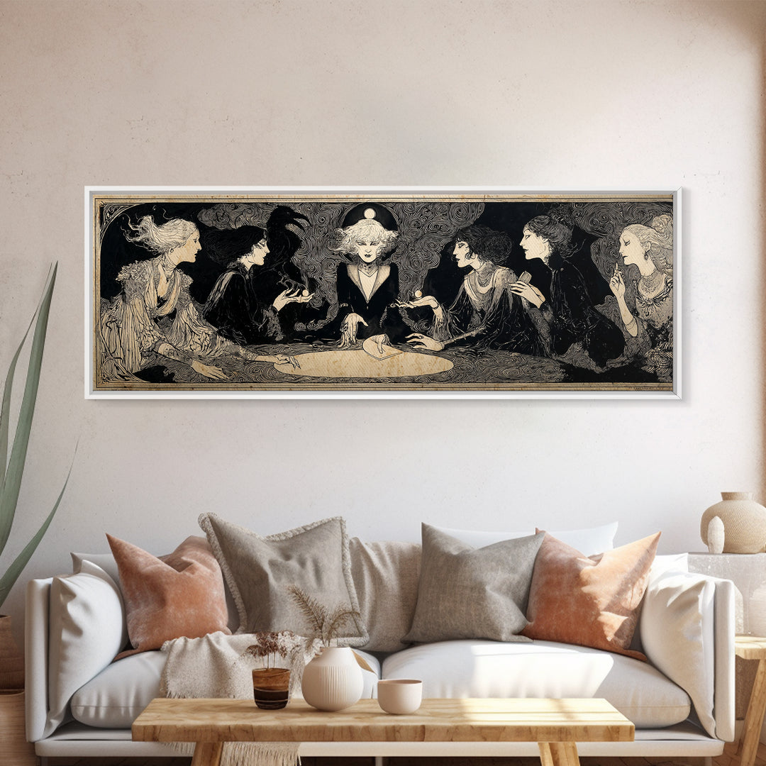 The Candlelit Seance, Decadent Line Art, Extra Wide Wall Art, Macabre Wall Art, Canvas Print, Halloween Wall Art