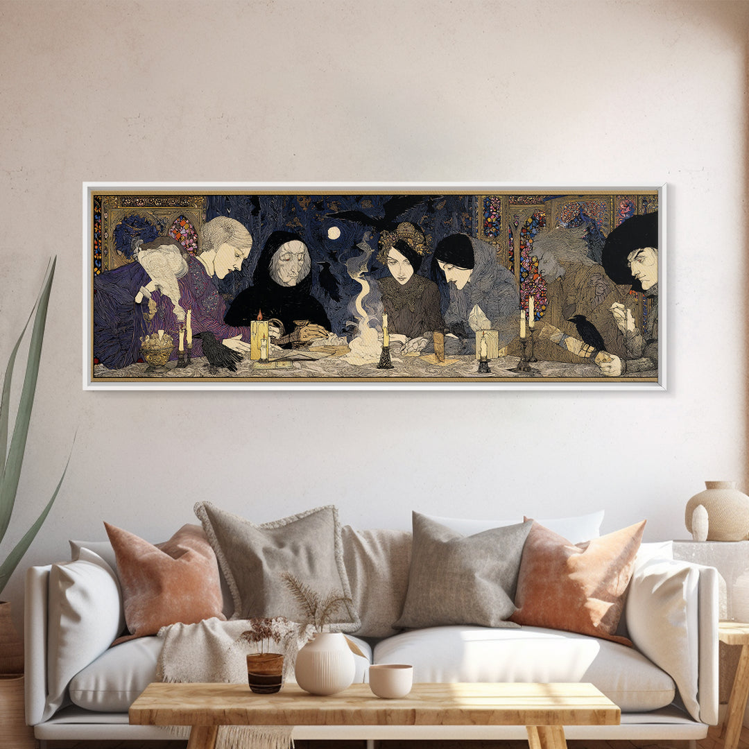 The Candlelit Seance, Stained Glass Gothic Art, Extra Wide Wall Art, Dark Fantasy Wall Art, Framed Canvas Print, Halloween Wall Art