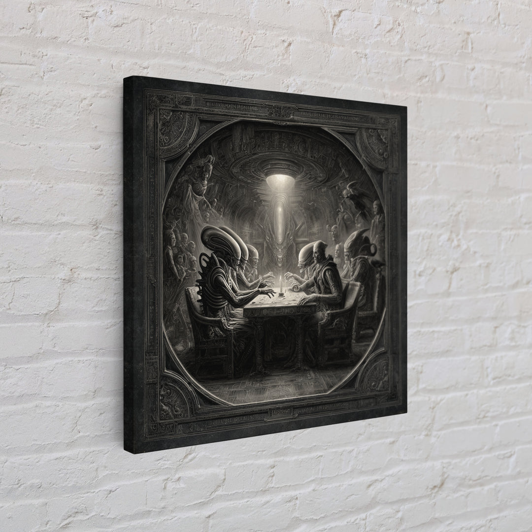 The Candlelit Seance, Biomechanical Horror Art, Square Wall Art, Macabre Wall Art, Framed Canvas Print, Halloween Wall Art