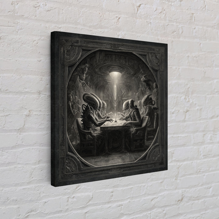 The Candlelit Seance, Biomechanical Horror Art, Square Wall Art, Macabre Wall Art, Framed Canvas Print, Halloween Wall Art