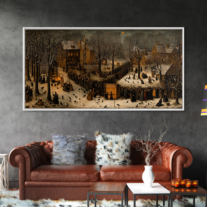The Raven Funeral, Northern Renaissance Horror, Wide Panoramic Art, Macabre Wall Art, Framed Canvas Print, Halloween Wall Art