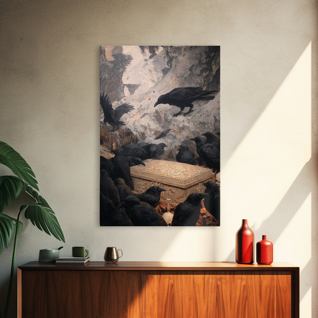 The Raven Funeral, Baroque Witchcraft Art, Vertical Wall Art, Macabre Wall Art, Framed Canvas Print, Halloween Wall Art