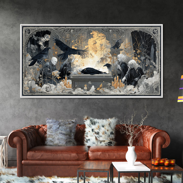 The Raven Funeral, Visionary Gothic Art, Wide Panoramic Art, Macabre Wall Art, Canvas Print, Halloween Wall Art