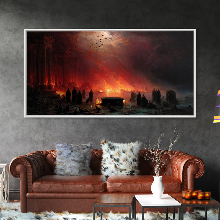 The Raven Funeral, Apocalyptic Romantic Art, Wide Panoramic Art, Macabre Wall Art, Framed Canvas Print, Halloween Wall Art