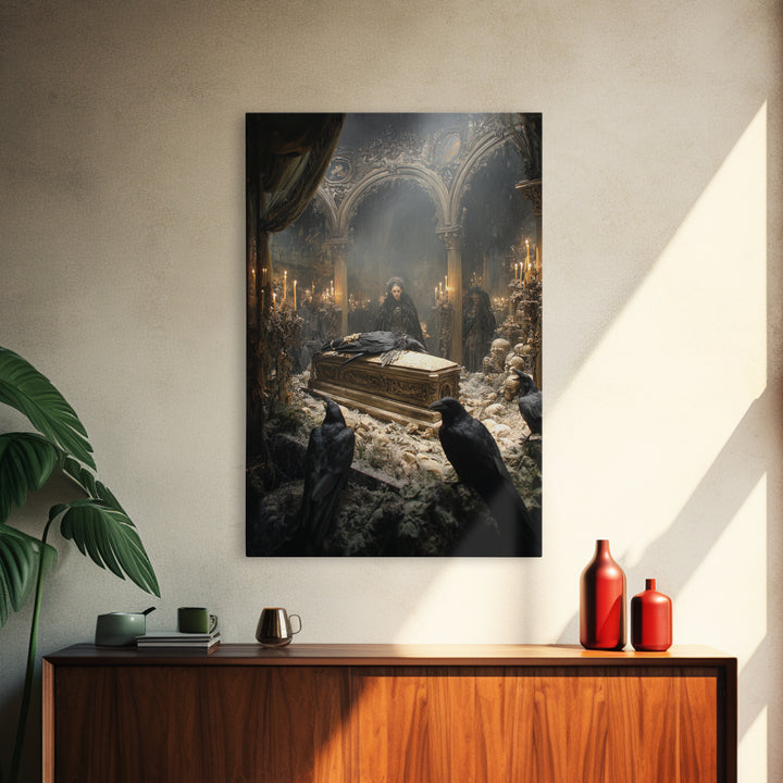 The Raven Funeral, Ornate Symbolist Art, Vertical Wall Art, Dark Halloween Decor, Framed Canvas Print, Halloween Wall Art