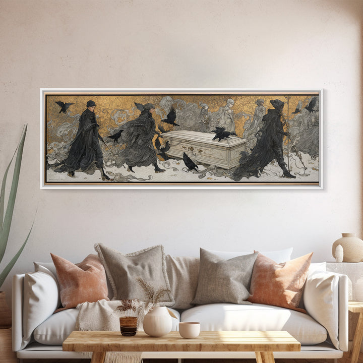 The Raven Funeral, Symbolist Death Art, Extra Wide Wall Art, Gothic Horror Wall Art, Canvas Print, Halloween Wall Art