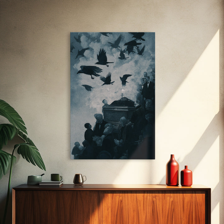 The Raven Funeral, Dark Symbolist Art, Vertical Wall Art, Dark Halloween Decor, Canvas Print, Halloween Wall Art, Horror Wall Art