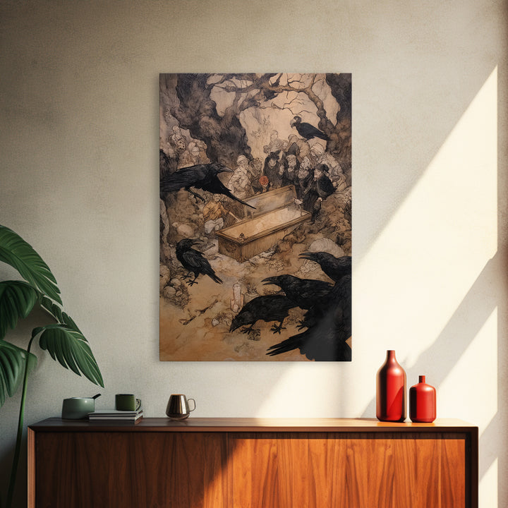 The Raven Funeral, Gothic Storybook Art, Vertical Wall Art, Macabre Wall Art, Canvas Print, Halloween Wall Art, Statement Wall Art