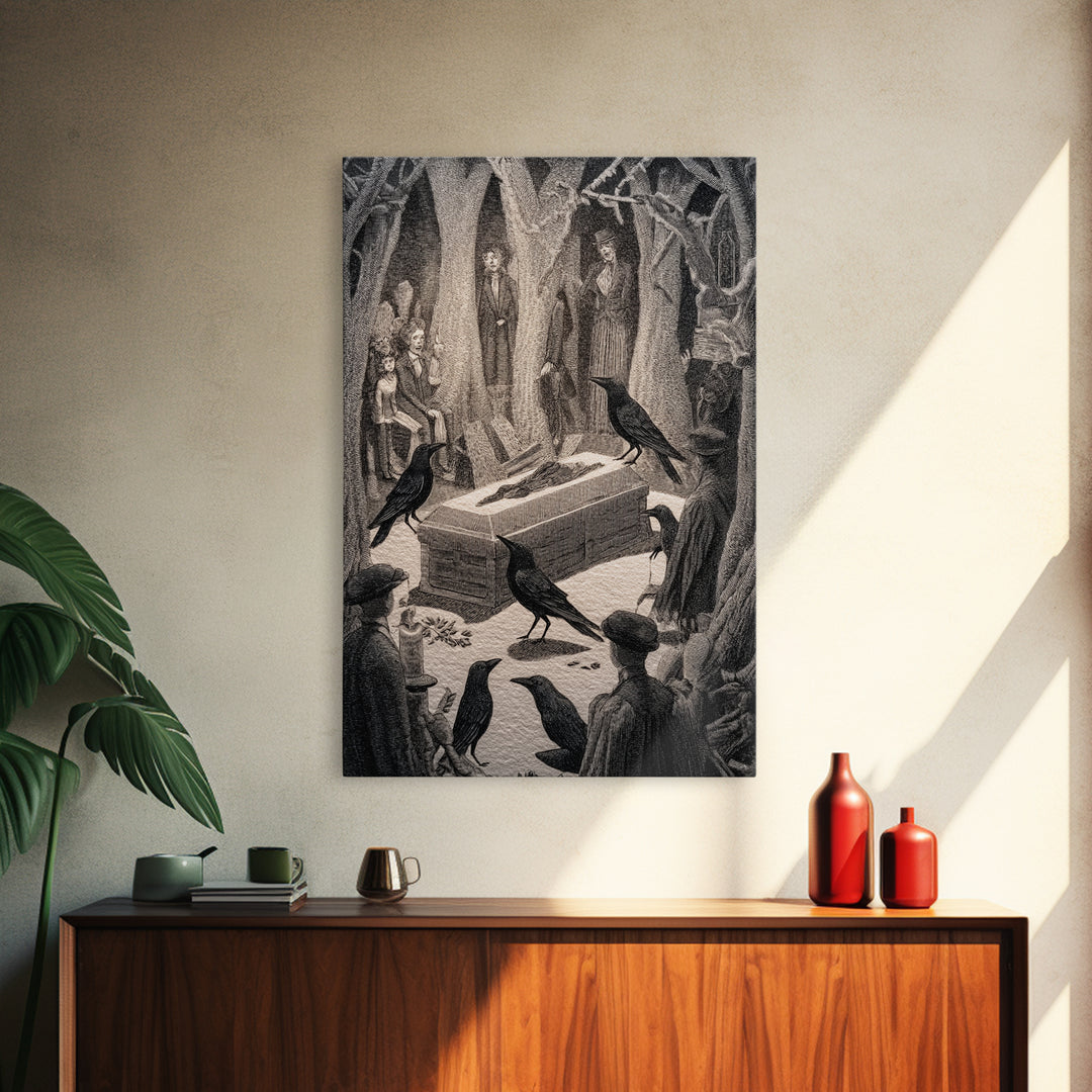 The Raven Funeral, Victorian Macabre Art, Vertical Wall Art, Gothic Horror Wall Art, Framed Canvas Print, Halloween Wall Art