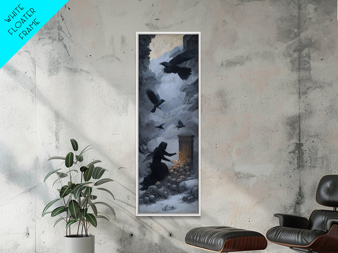 The Raven Funeral, Surreal Apocalyptic Art, Tall Narrow Wall Art, Dark Fantasy Wall Art, Framed Canvas Print, Halloween Wall Art