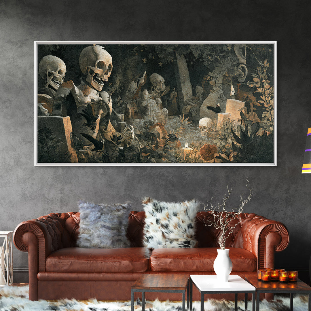 The Graveyard Dance, Medieval Grotesque Art, Wide Panoramic Art, Gothic Horror Wall Art, Framed Canvas Print, Halloween Wall Art